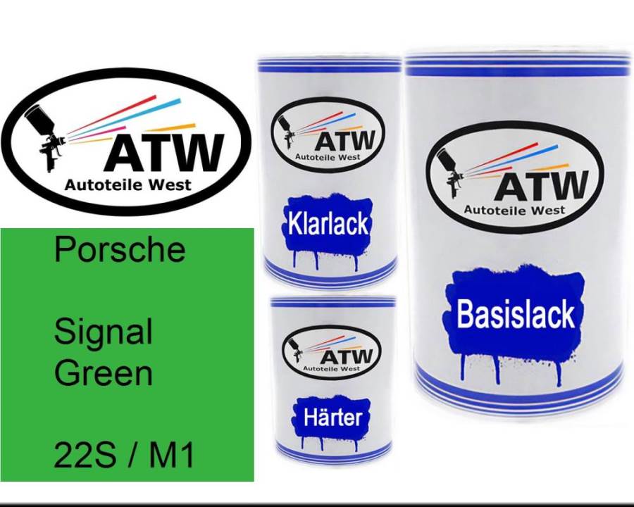 Porsche, Signal Green, 22S / M1: 500ml Lackdose + 500ml Klarlack + 250ml Härter - Set, von ATW Autoteile West.